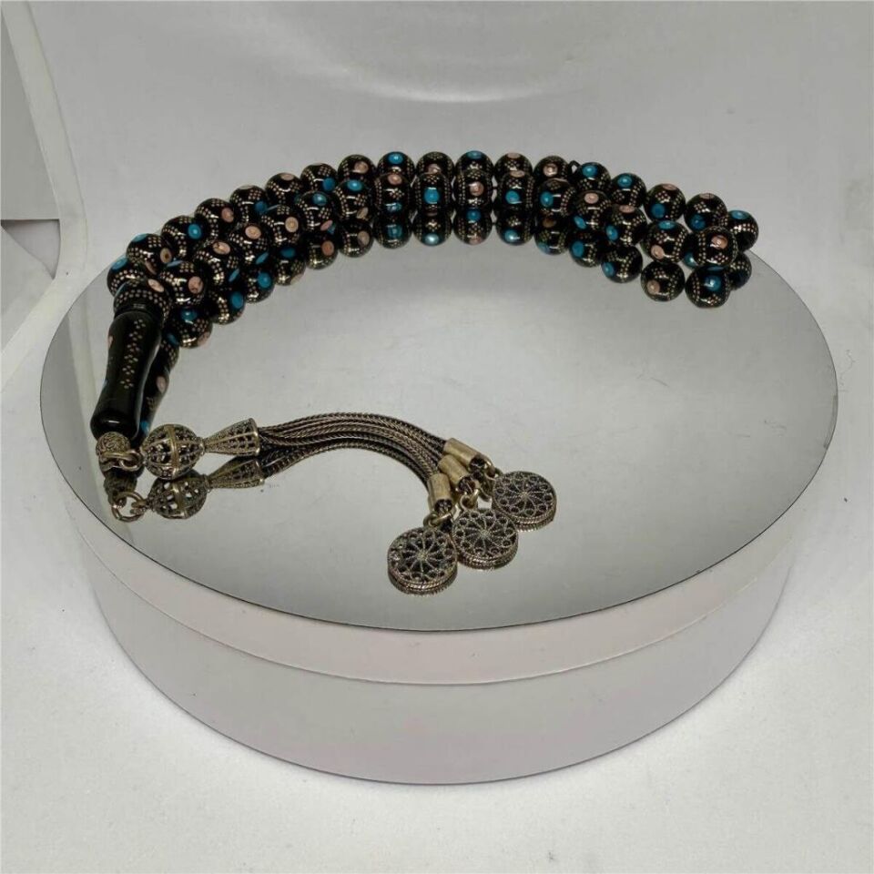 Tesbih TSBH0224BC 925 Ayar Gümüş Püsküllü Gümüş-Mercan İşlemeli Küre Kesim Usta El İşçilikli Erzurum Oltu Tesbih