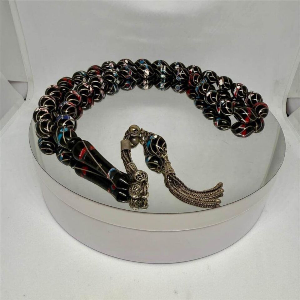 Tesbih TSBH0225BC 925 Ayar Gümüş Püsküllü Gümüş-Mercan İşlemeli Beyzi Kesim Usta El İşçilikli Erzurum Oltu Tesbih