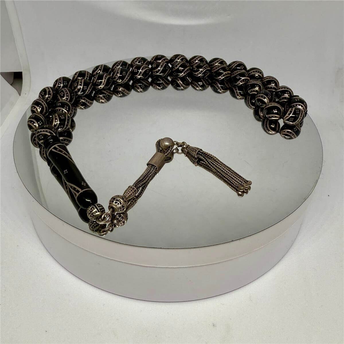 Tesbih TSBH0221BC 925 Ayar Gümüş Püsküllü Gümüş İşlemeli Çeşmi Bülbül Beyzi Kesim Usta El İşçilikli Erzurum Oltu Tesbih