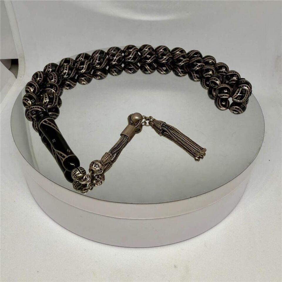 Tesbih TSBH0221BC 925 Ayar Gümüş Püsküllü Gümüş İşlemeli Çeşmi Bülbül Beyzi Kesim Usta El İşçilikli Erzurum Oltu Tesbih