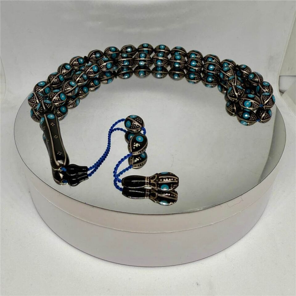 Tesbih TSBH0063AH Sistemli Gümüş- Firuze İşlemeli Karpuz Dilim Beyzi Kesim Usta El İşçilikli Erzurum Oltu Tesbih