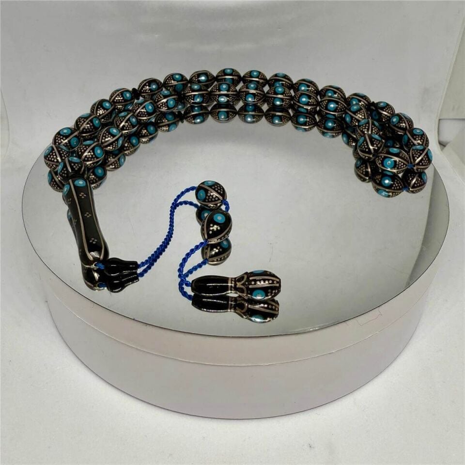 Tesbih TSBH0063AH Sistemli Gümüş- Firuze İşlemeli Karpuz Dilim Beyzi Kesim Usta El İşçilikli Erzurum Oltu Tesbih