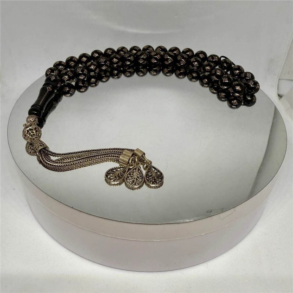 Tesbih TSBH0049AH 925 Ayar Gümüş Püsküllü Gümüş İşlemeli Küre Kesim Usta El İşçilikli Erzurum Oltu Tesbih