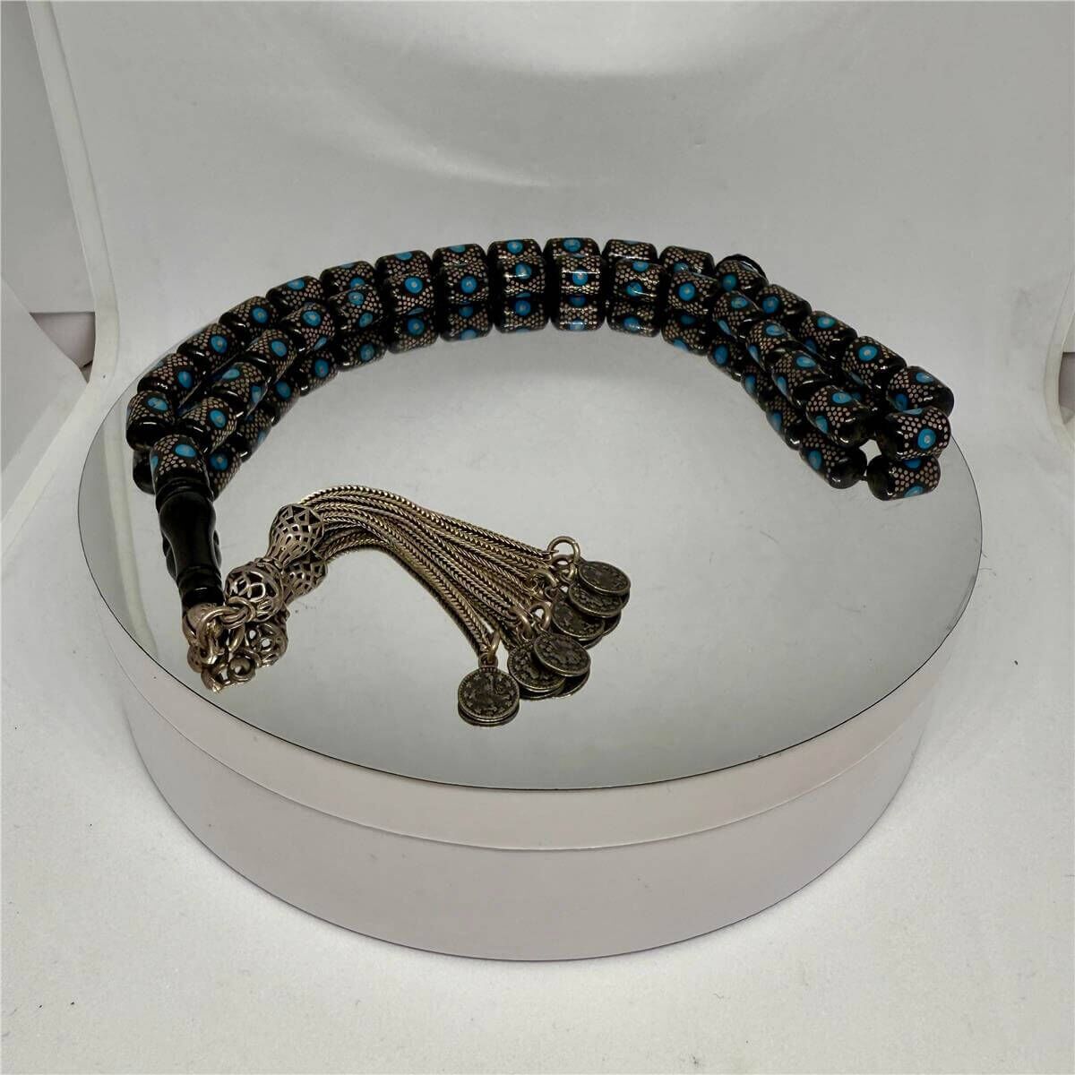 Tesbih TSBH0053AH 925 Ayar Gümüş Püsküllü Gümüş-Firuze İşlemeli Kapsül Kesim Usta El İşçilikli Erzurum Oltu Tesbih