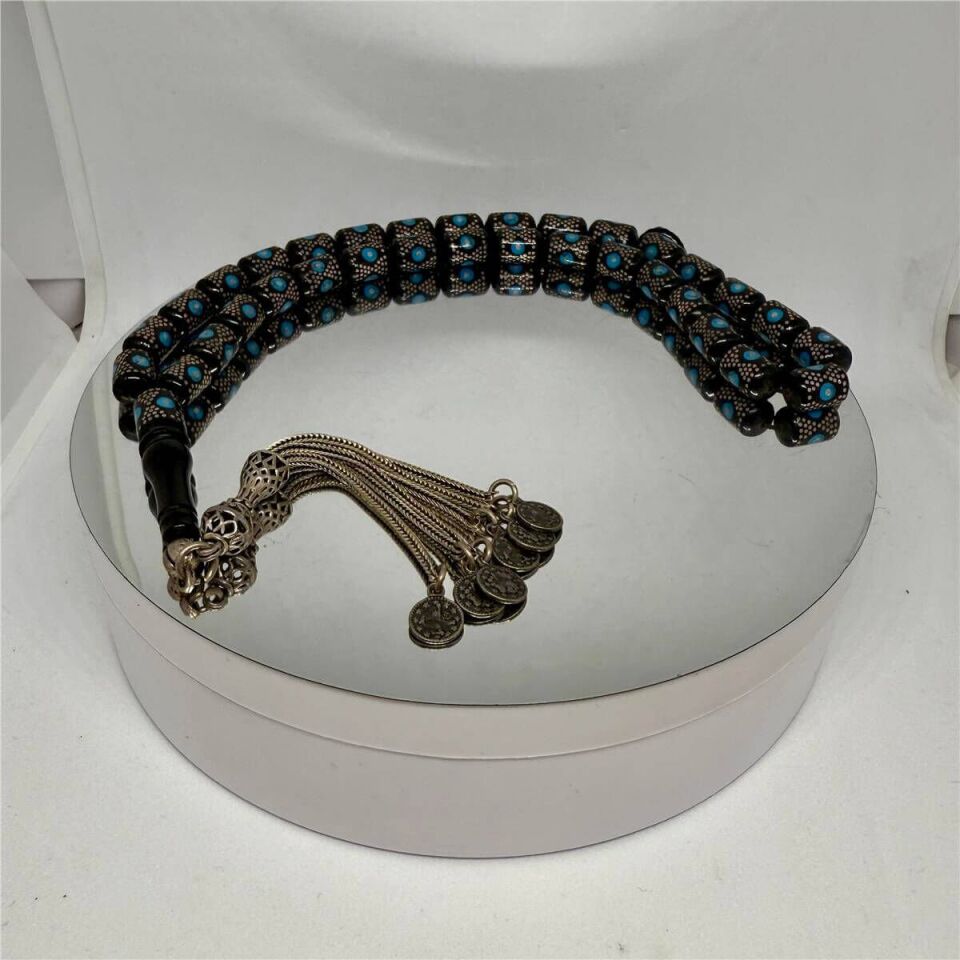 Tesbih TSBH0053AH 925 Ayar Gümüş Püsküllü Gümüş-Firuze İşlemeli Kapsül Kesim Usta El İşçilikli Erzurum Oltu Tesbih