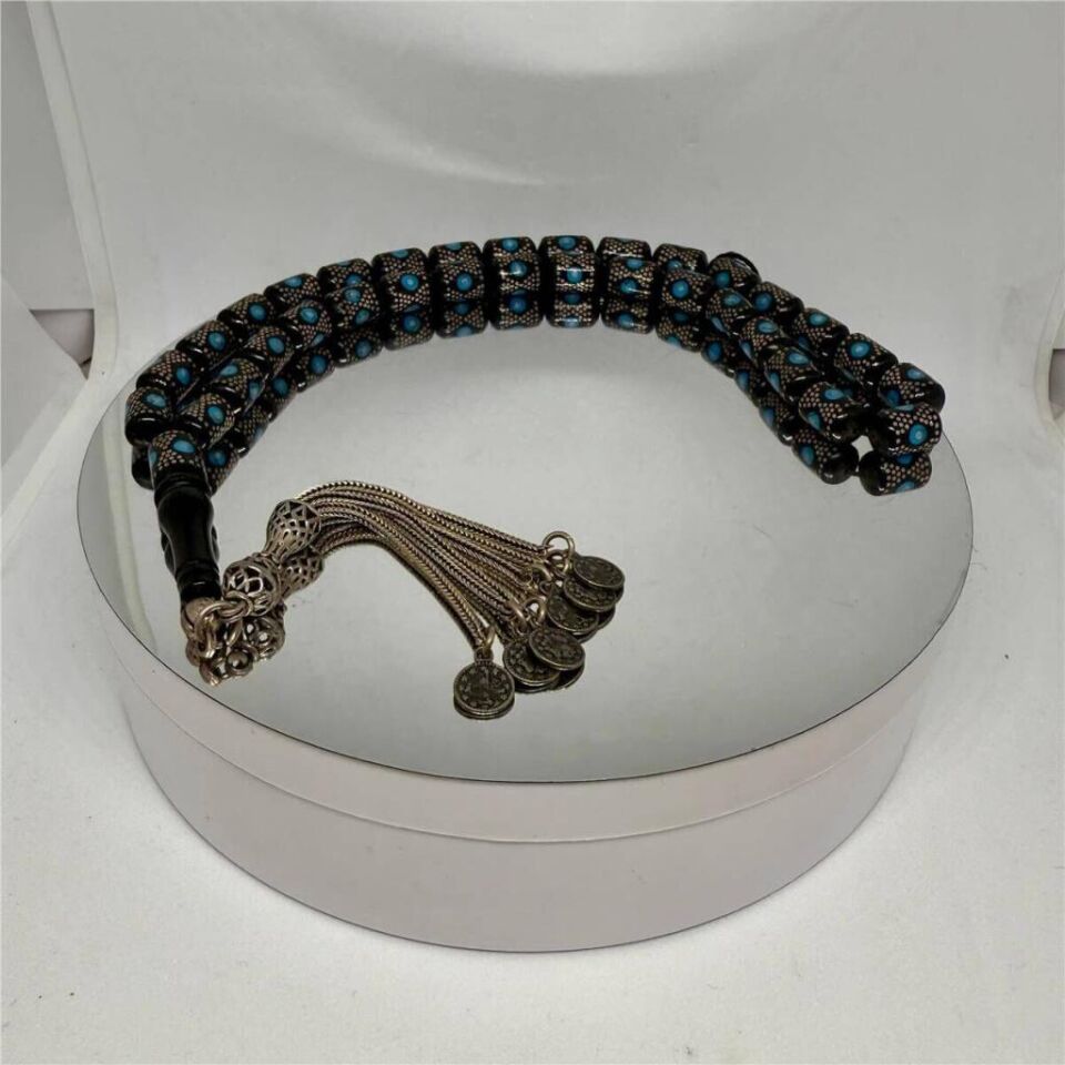 Tesbih TSBH0053AH 925 Ayar Gümüş Püsküllü Gümüş-Firuze İşlemeli Kapsül Kesim Usta El İşçilikli Erzurum Oltu Tesbih