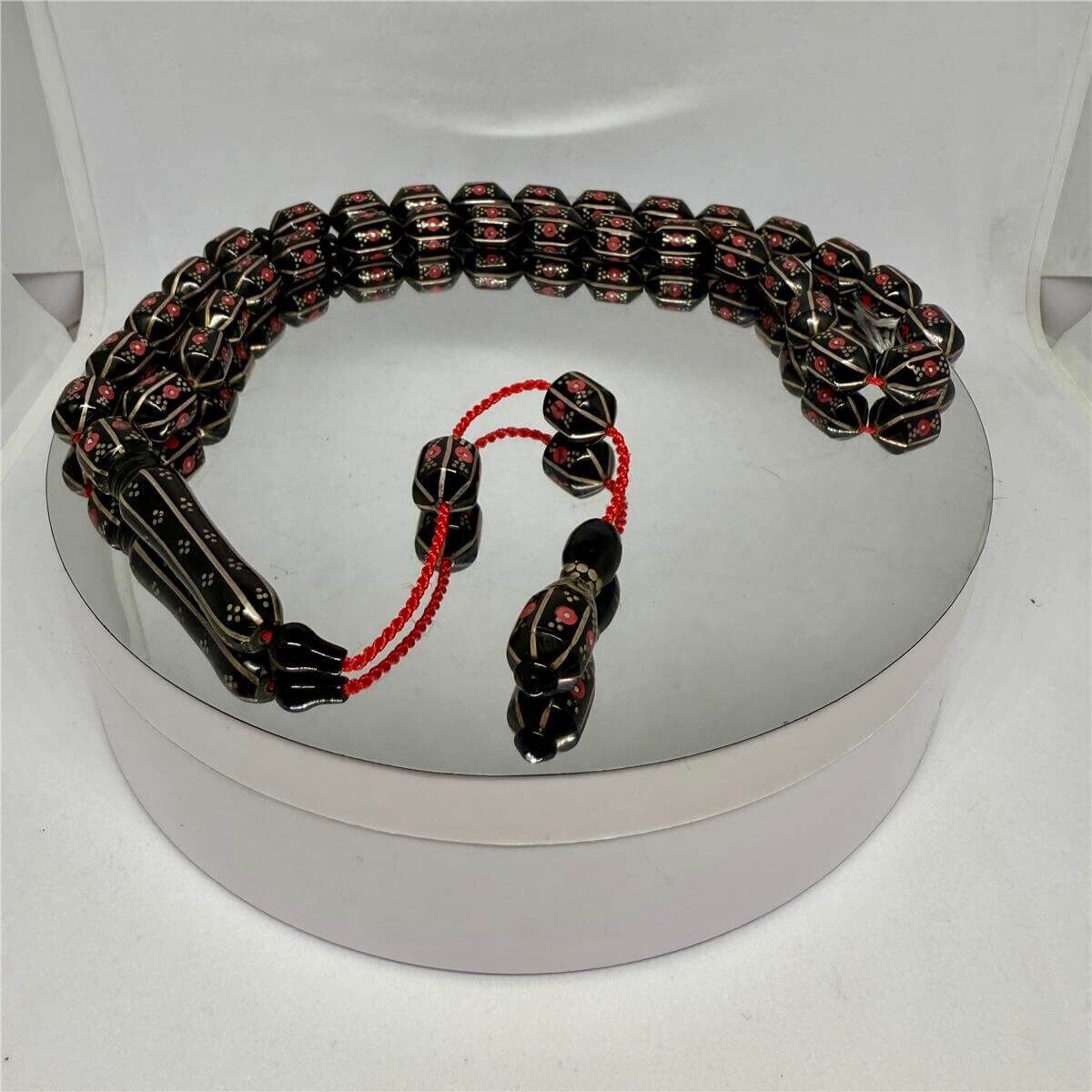 Tesbih TSBH0067AH Sistemli Gümüş- Mercan İşlemeli Karpuz Dilim Kapsül Kesim Usta El İşçilikli Erzurum Oltu Tesbih