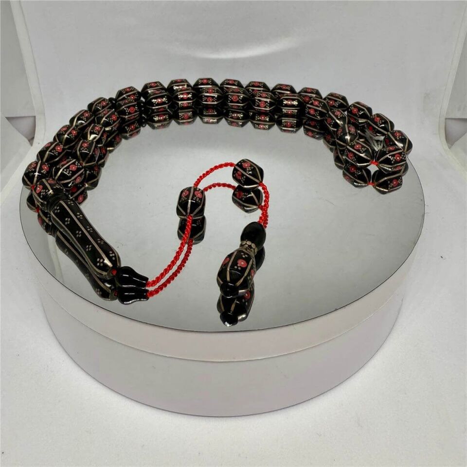 Tesbih TSBH0067AH Sistemli Gümüş- Mercan İşlemeli Karpuz Dilim Kapsül Kesim Usta El İşçilikli Erzurum Oltu Tesbih