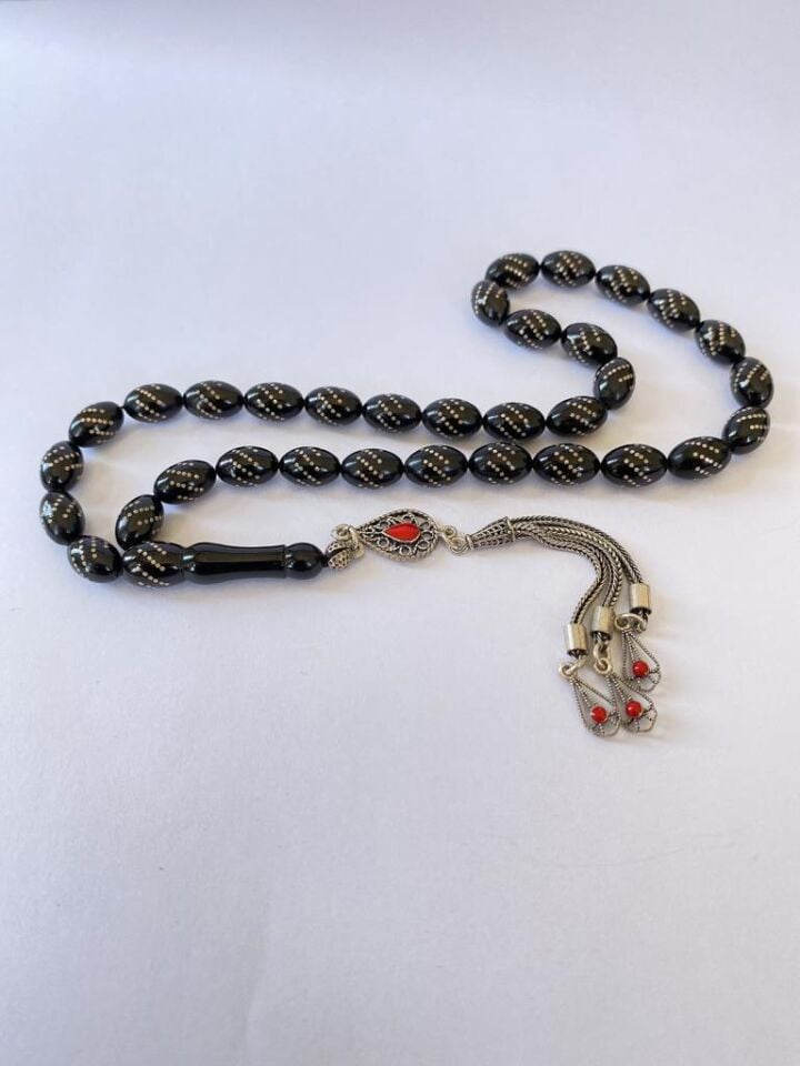 Tesbih TSBH0052AH 925 Ayar Gümüş Püsküllü Gümüş İşlemeli Beyzi Kesim Usta El İşçilikli Erzurum Oltu Tesbih