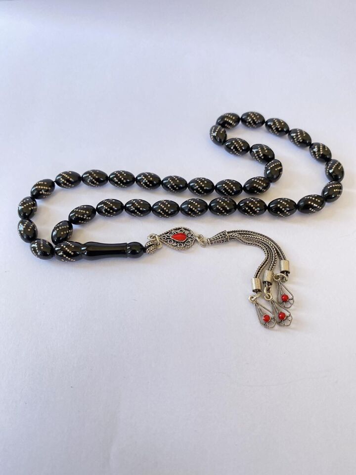 Tesbih TSBH0052AH 925 Ayar Gümüş Püsküllü Gümüş İşlemeli Beyzi Kesim Usta El İşçilikli Erzurum Oltu Tesbih