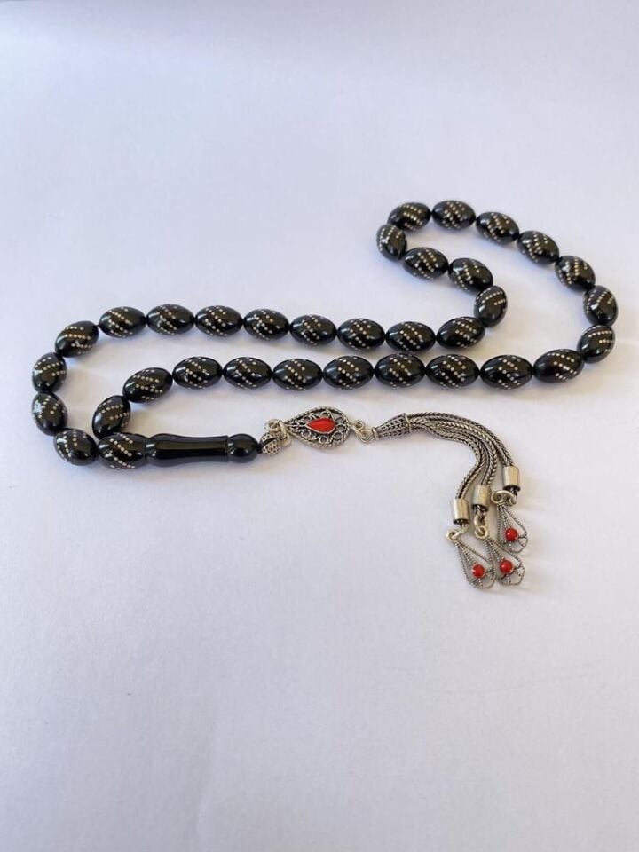 Tesbih TSBH0052AH 925 Ayar Gümüş Püsküllü Gümüş İşlemeli Beyzi Kesim Usta El İşçilikli Erzurum Oltu Tesbih