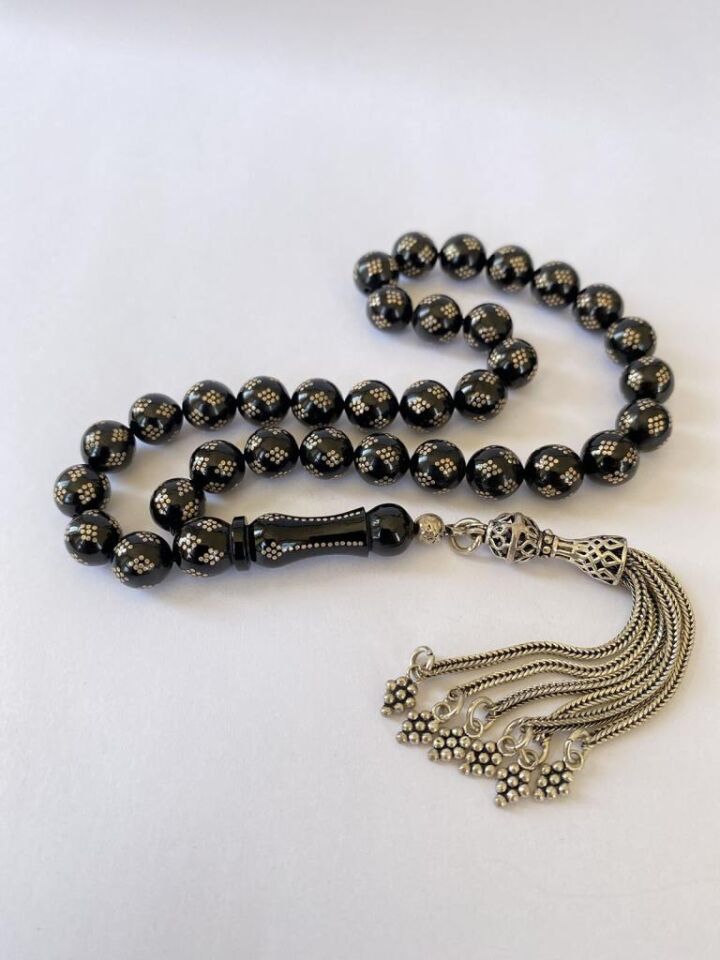 Tesbih TSBH0064AH 925 Ayar Gümüş Püsküllü Gümüş İşlemeli Baklava Dilim Küre Kesim Usta El İşçilikli Erzurum Oltu Tesbih