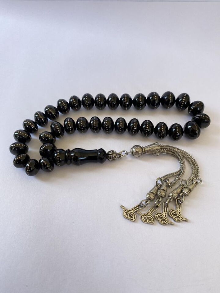 Tesbih TSBH0155HK 925 Ayar Gümüş Püsküllü Gümüş İşlemeli Basık Küre Kesim Usta El İşçilikli Erzurum Oltu Tesbih