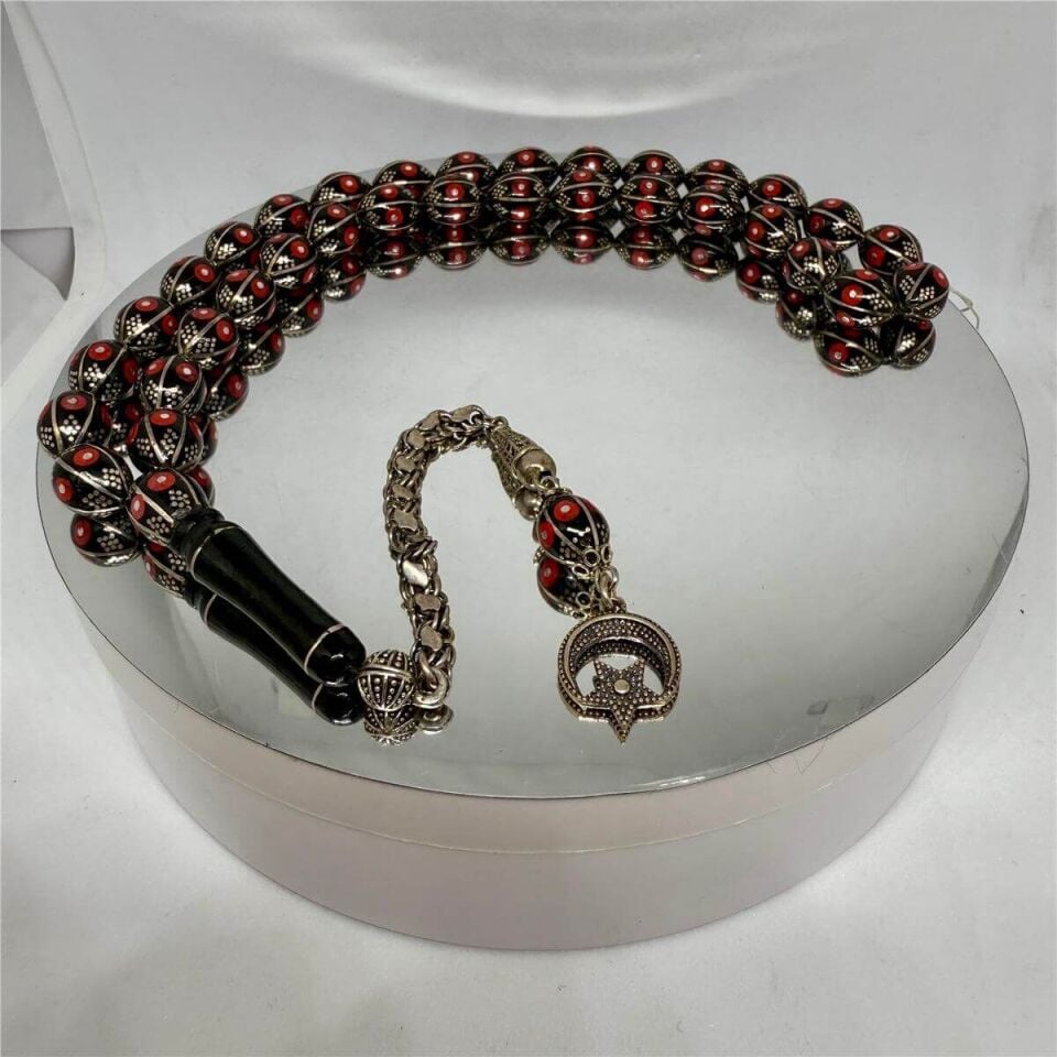 TESBİH TSBH0231BC 925 Ayar Gümüş Püsküllü Mercan Ve Gümüş İşlemeli Beyzi Kesim Usta El İşçilikli Erzurum Oltu Tesbih
