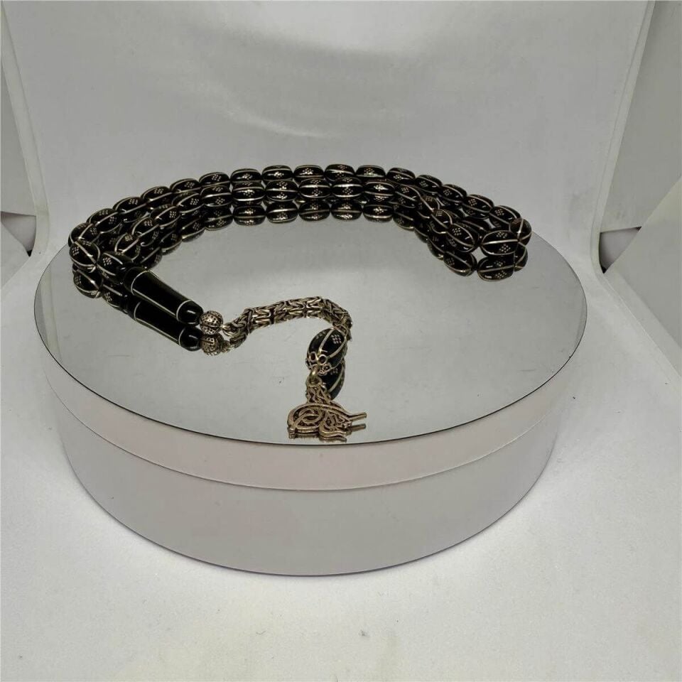 Tesbih TSBH0234BC 925 Ayar Tuğra Gümüş Püsküllü Gümüş İşlemeli Kapsül Kesim Usta El İşçilikli Erzurum Oltu Tesbih