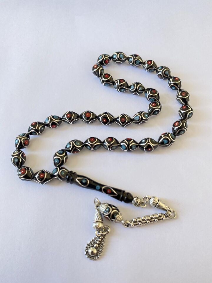 Tesbih TSBH0235HK 925 Ayar Gümüş Püsküllü Gümüş- Firuze İşlemeli Beyzil Kesim Usta El İşçilikli Erzurum Oltu Tesbih