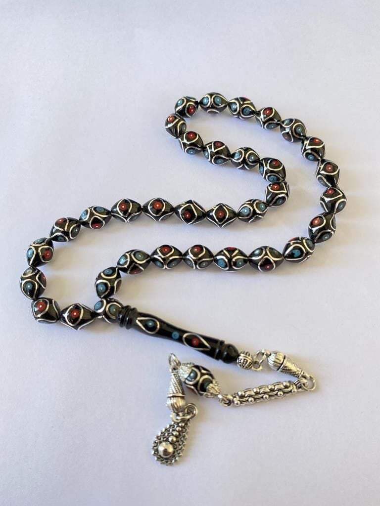 Tesbih TSBH0235HK 925 Ayar Gümüş Püsküllü Gümüş- Firuze İşlemeli Beyzil Kesim Usta El İşçilikli Erzurum Oltu Tesbih