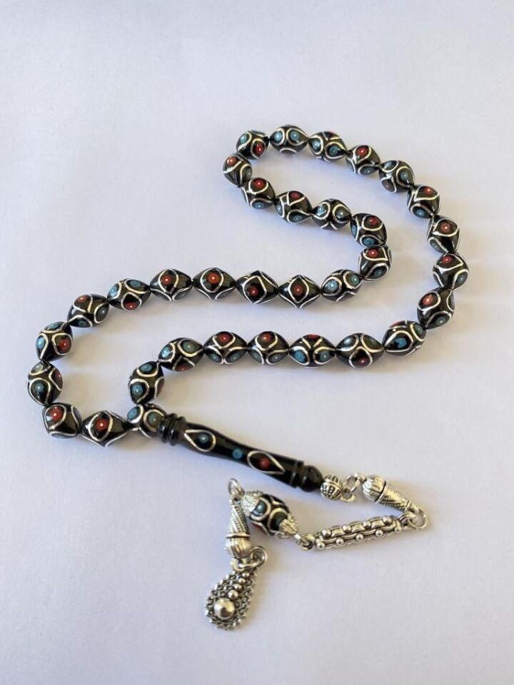 Tesbih TSBH0235HK 925 Ayar Gümüş Püsküllü Gümüş- Firuze İşlemeli Beyzil Kesim Usta El İşçilikli Erzurum Oltu Tesbih