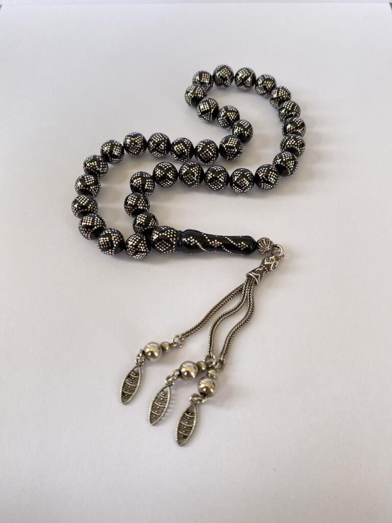 Tesbih TSBH0238BC 925 Ayar Gümüş Püsküllü Yoğun Gümüş İşlemeli Küre Kesim Erzurum Oltu Taşı Tesbih