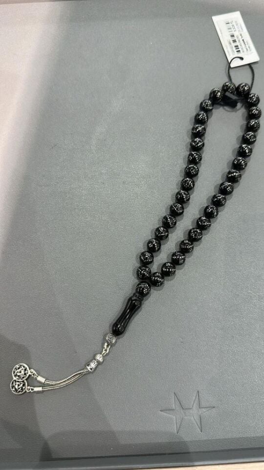 Tesbih TSBH0238BC 925 Ayar Gümüş Püsküllü Yoğun Gümüş İşlemeli Küre Kesim Erzurum Oltu Taşı Tesbih