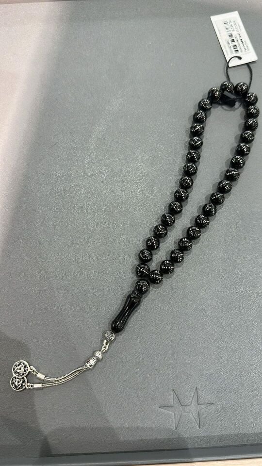 Tesbih TSBH0238BC 925 Ayar Gümüş Püsküllü Yoğun Gümüş İşlemeli Küre Kesim Erzurum Oltu Taşı Tesbih