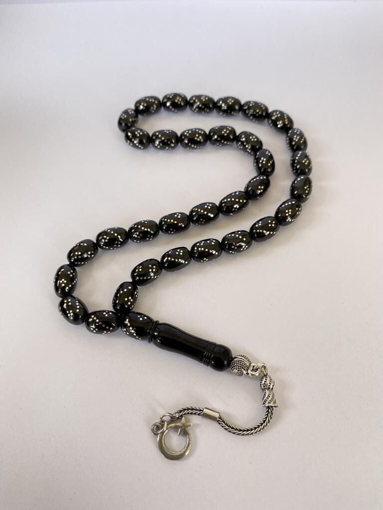 Tesbih TSBH0240BC 925 Ayar Gümüş Püsküllü Gümüş İşlemeli Kapsül Kesim Erzurum Oltu Taşı Tesbih