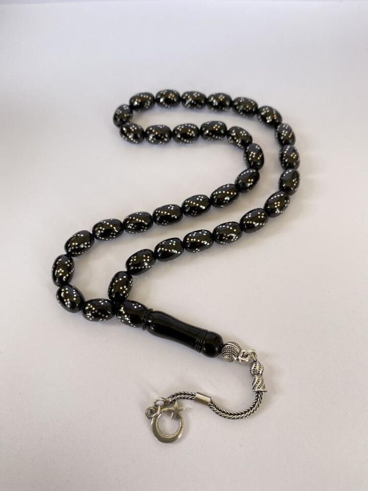 Tesbih TSBH0240BC 925 Ayar Gümüş Püsküllü Gümüş İşlemeli Kapsül Kesim Erzurum Oltu Taşı Tesbih