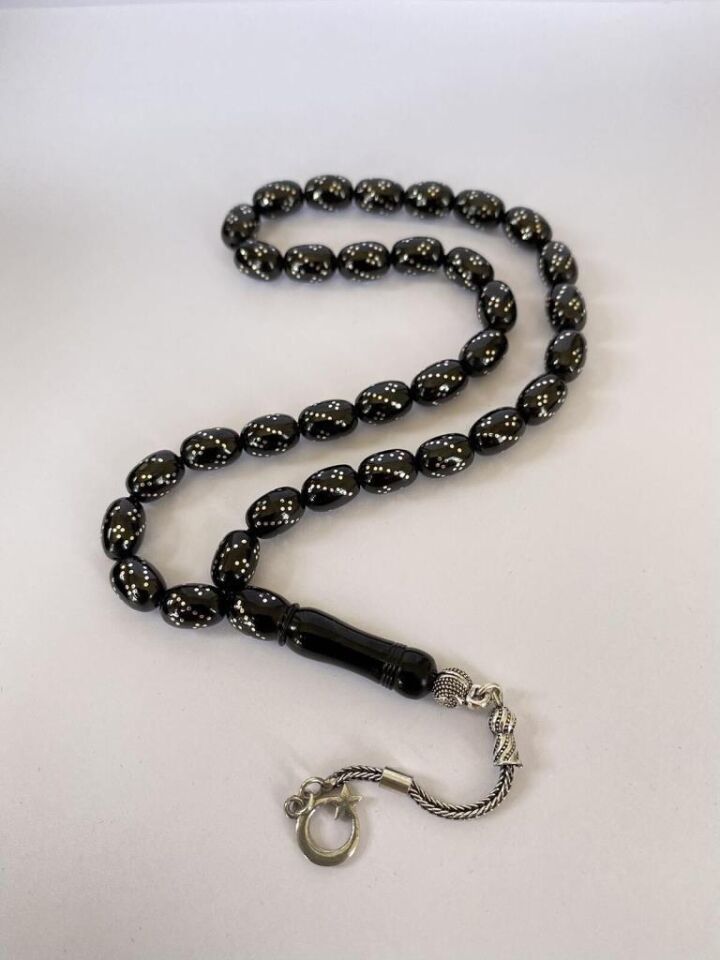 Tesbih TSBH0240BC 925 Ayar Gümüş Püsküllü Gümüş İşlemeli Kapsül Kesim Erzurum Oltu Taşı Tesbih