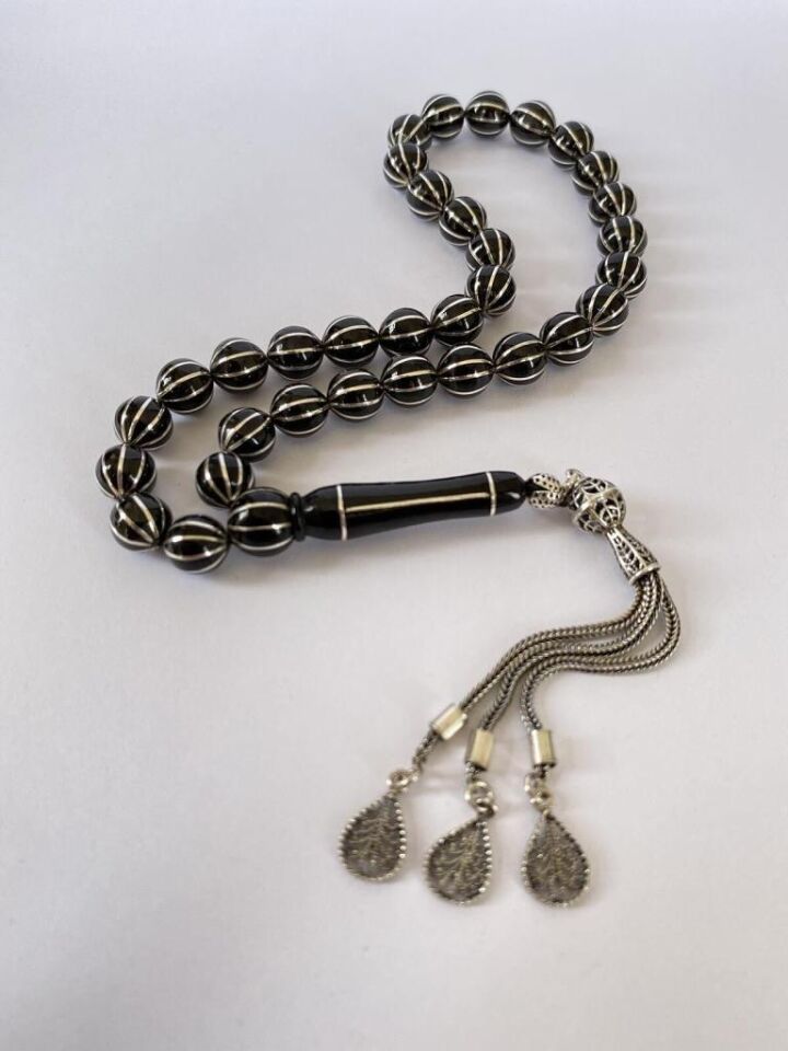 Tesbih TSBH0241BC 925 Ayar Gümüş Püsküllü Gümüş İşlemeli Karpuz Küre Kesim Erzurum Oltu Taşı Tesbih