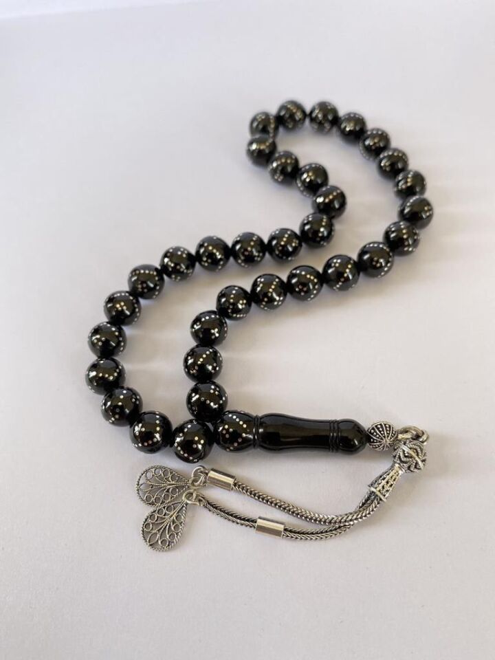 Tesbih TSBH0244BC 925 Ayar Gümüş Püsküllü Gümüş İşlemeli Küre Kesim Erzurum Oltu Taşı Tesbih