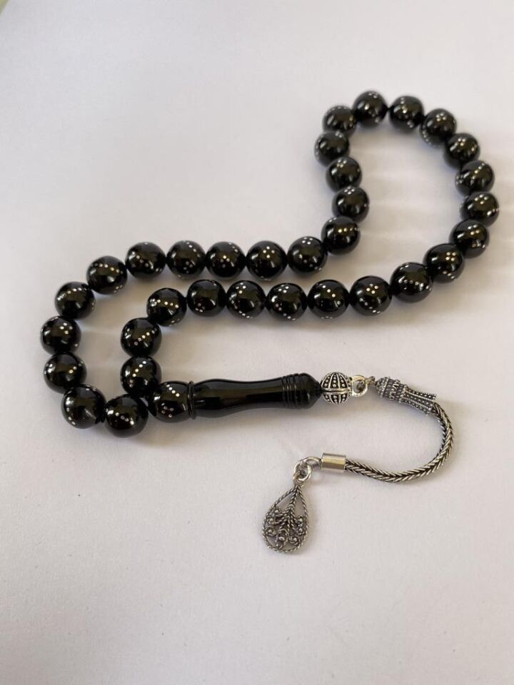 Tesbih TSBH0247BC 925 Ayar Gümüş Püsküllü Gümüş İşlemeli Küre Kesim Erzurum Oltu Taşı Tesbih