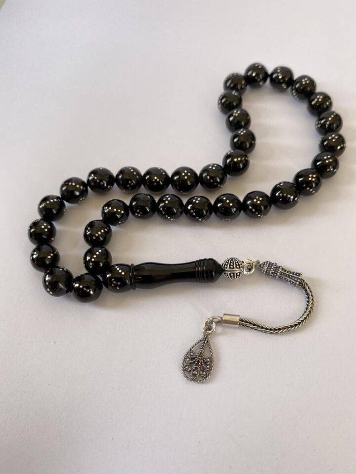 Tesbih TSBH0247BC 925 Ayar Gümüş Püsküllü Gümüş İşlemeli Küre Kesim Erzurum Oltu Taşı Tesbih