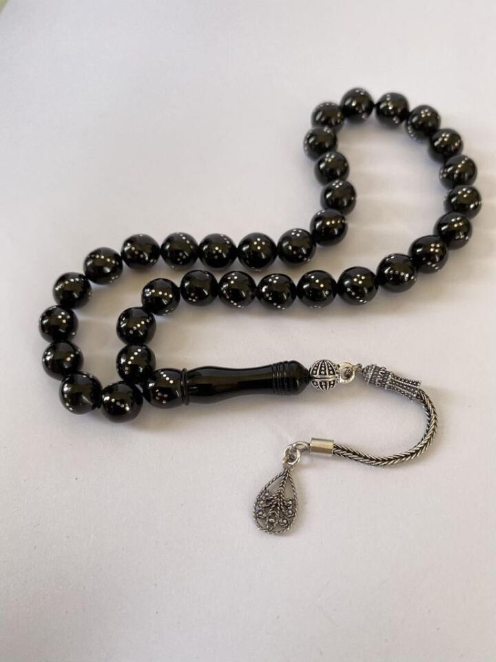 Tesbih TSBH0247BC 925 Ayar Gümüş Püsküllü Gümüş İşlemeli Küre Kesim Erzurum Oltu Taşı Tesbih