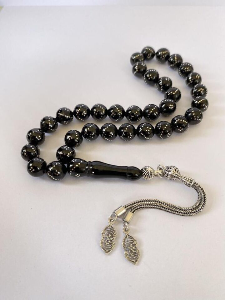 Tesbih TSBH0248BC 925 Ayar Gümüş Püsküllü Gümüş İşlemeli Küre Kesim Erzurum Oltu Taşı Tesbih