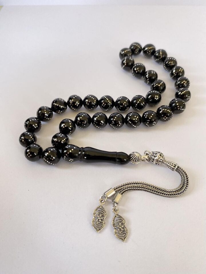 Tesbih TSBH0248BC 925 Ayar Gümüş Püsküllü Gümüş İşlemeli Küre Kesim Erzurum Oltu Taşı Tesbih