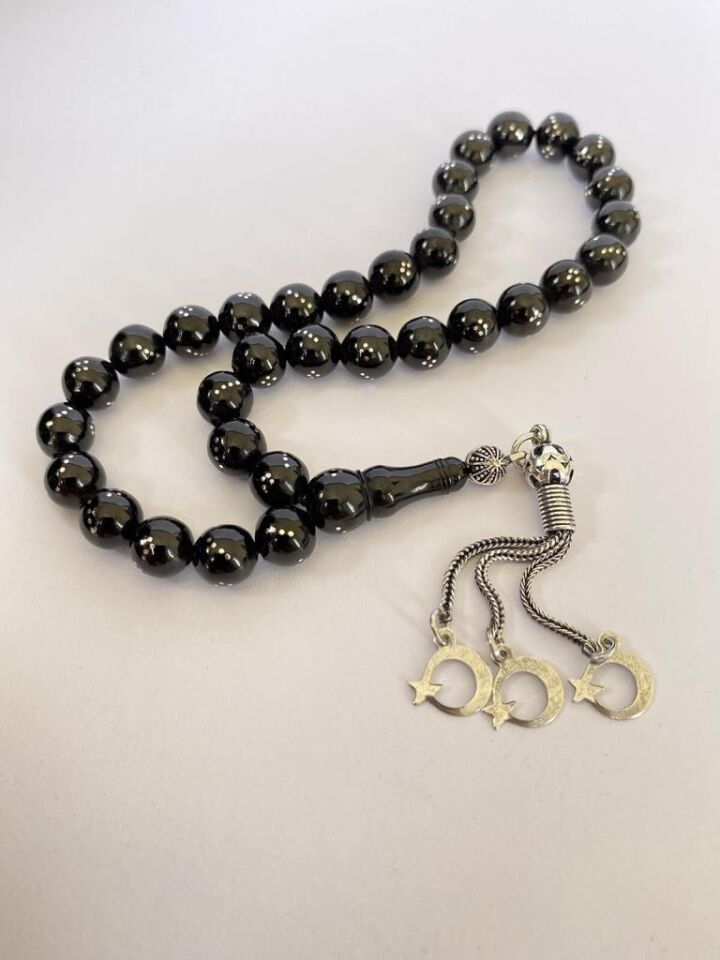 Tesbih TSBH0250BC 925 Ayar Türk Bayrak Gümüş Püsküllü Gümüş İşlemeli Küre Kesim Erzurum Oltu Taşı Tesbih