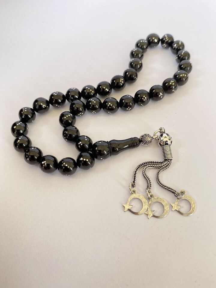 Tesbih TSBH0250BC 925 Ayar Türk Bayrak Gümüş Püsküllü Gümüş İşlemeli Küre Kesim Erzurum Oltu Taşı Tesbih