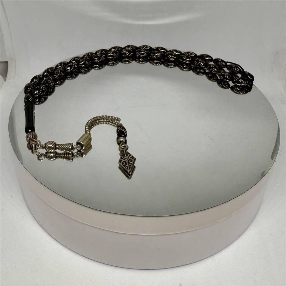 Tesbih TSBH0251BC 925 Ayar Gümüş Püsküllü Gümüş İşlemeli Beyzi Kesim Erzurum Oltu Taşı Tesbih