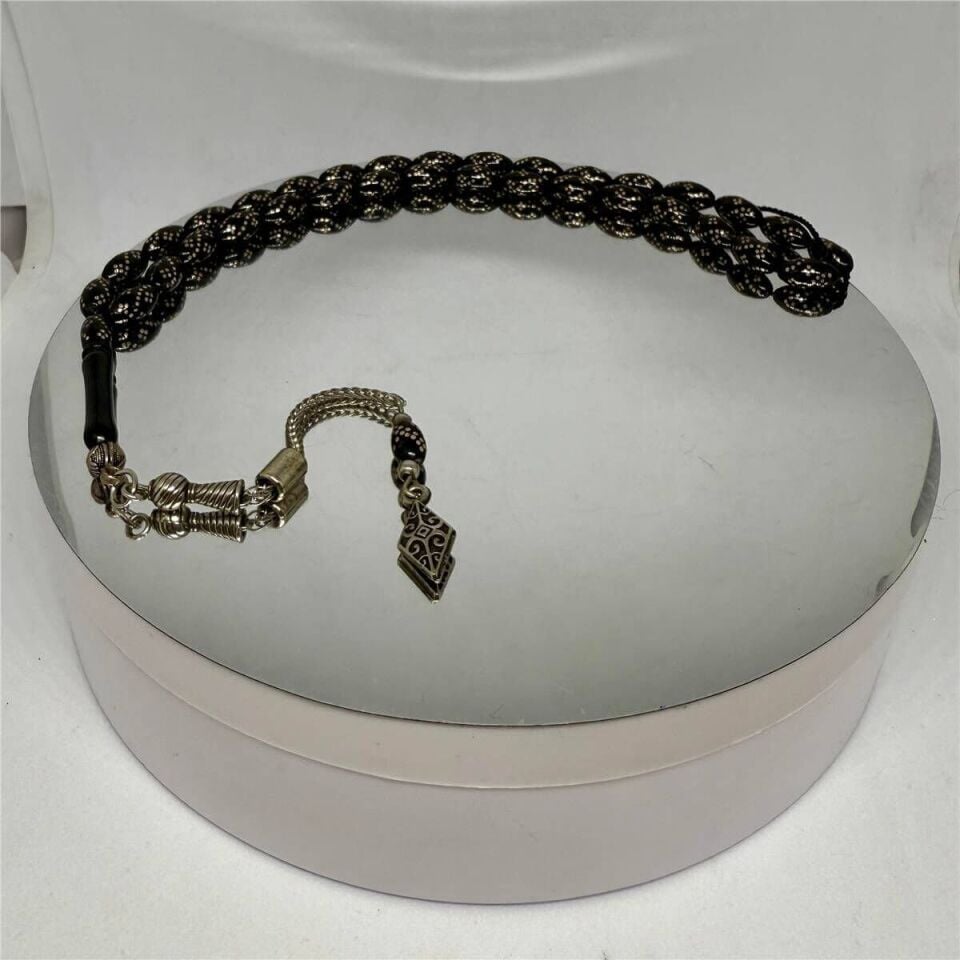 Tesbih TSBH0251BC 925 Ayar Gümüş Püsküllü Gümüş İşlemeli Beyzi Kesim Erzurum Oltu Taşı Tesbih