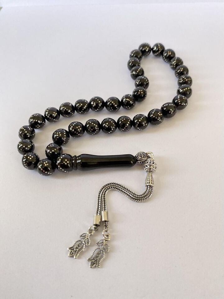 Tesbih TSBH0252BC 925 Ayar Gümüş Püsküllü Gümüş İşlemeli Küre Kesim Erzurum Oltu Taşı Tesbih