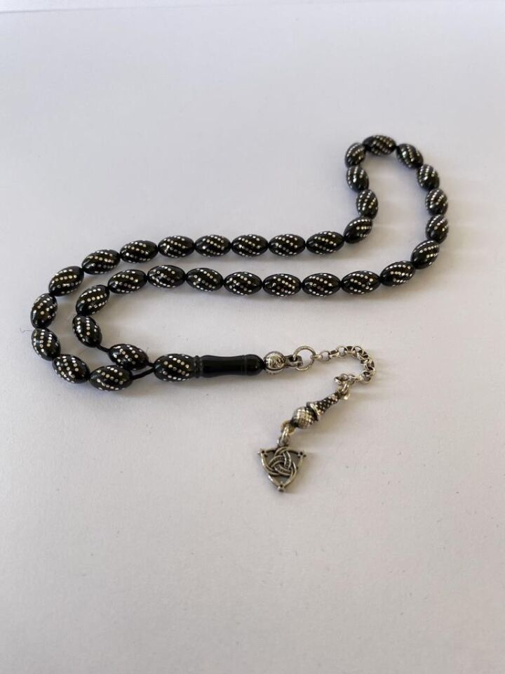 Tesbih TSBH0254BC 925 Ayar Gümüş Püsküllü Gümüş İşlemeli Beyzi Kesim Erzurum Oltu Taşı Tesbih