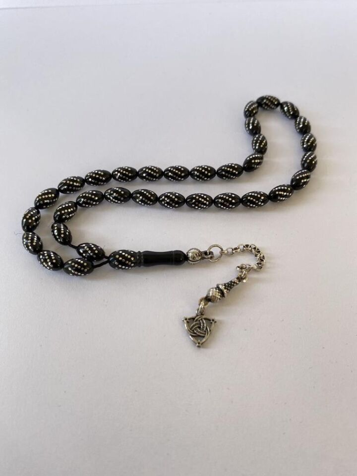 Tesbih TSBH0254BC 925 Ayar Gümüş Püsküllü Gümüş İşlemeli Beyzi Kesim Erzurum Oltu Taşı Tesbih