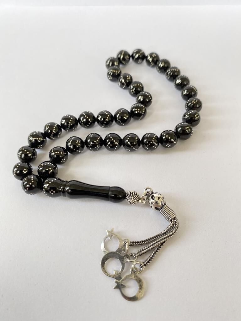 Tesbih TSBH0256BC 925 Ayar Türk Bayrak Gümüş Püsküllü Gümüş İşlemeli Küre Kesim Erzurum Oltu Taşı Tesbih