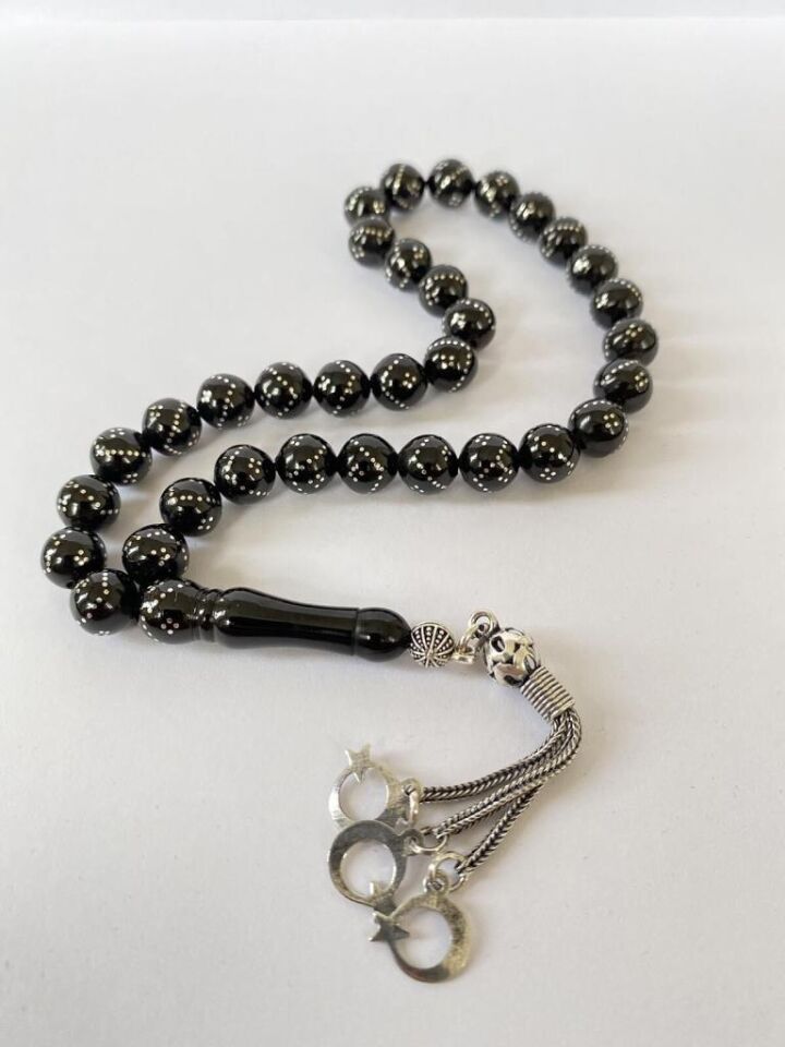 Tesbih TSBH0256BC 925 Ayar Türk Bayrak Gümüş Püsküllü Gümüş İşlemeli Küre Kesim Erzurum Oltu Taşı Tesbih