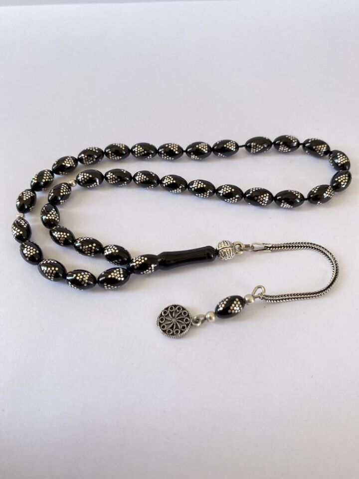 Tesbih TSBH0259BC 925 Ayar Gümüş Püsküllü Gümüş İşlemeli Beyzi Kesim Erzurum Oltu Taşı Tesbih