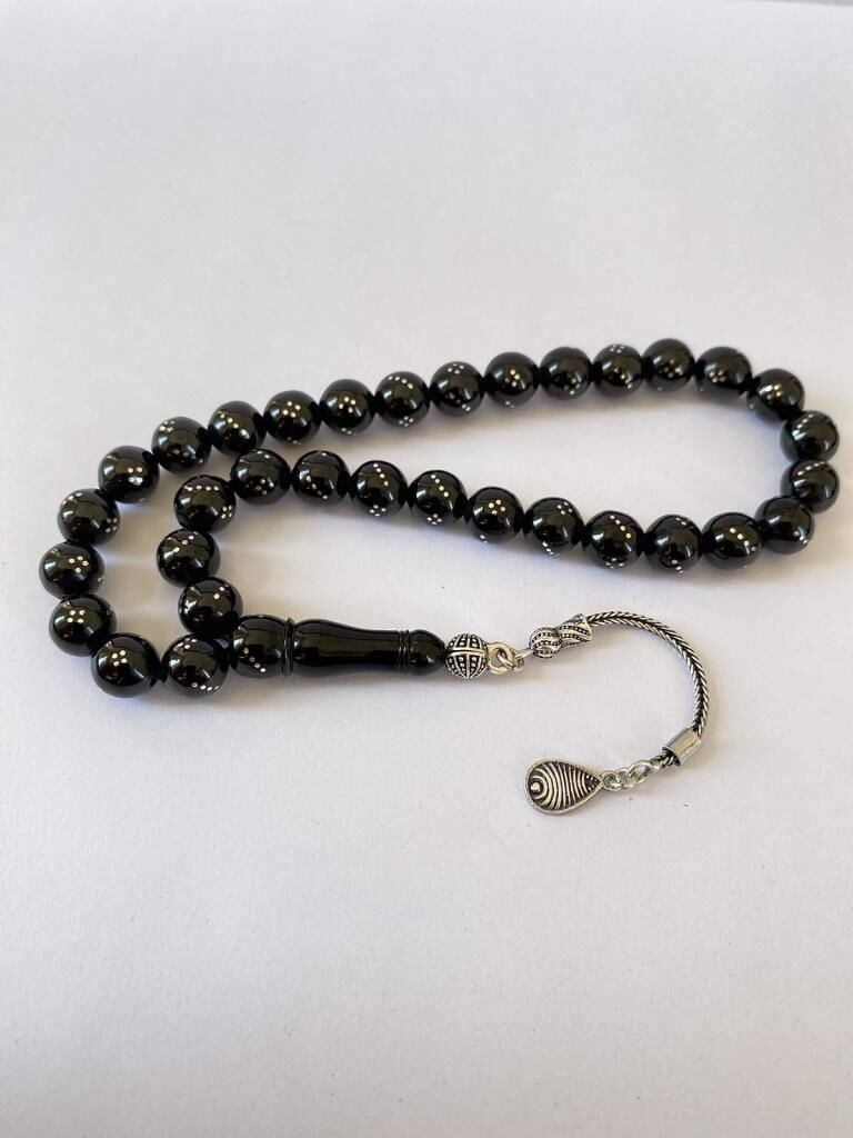 Tesbih TSBH0260BC 925 Ayar Gümüş Püsküllü Gümüş İşlemeli Küre Kesim Erzurum Oltu Taşı Tesbih