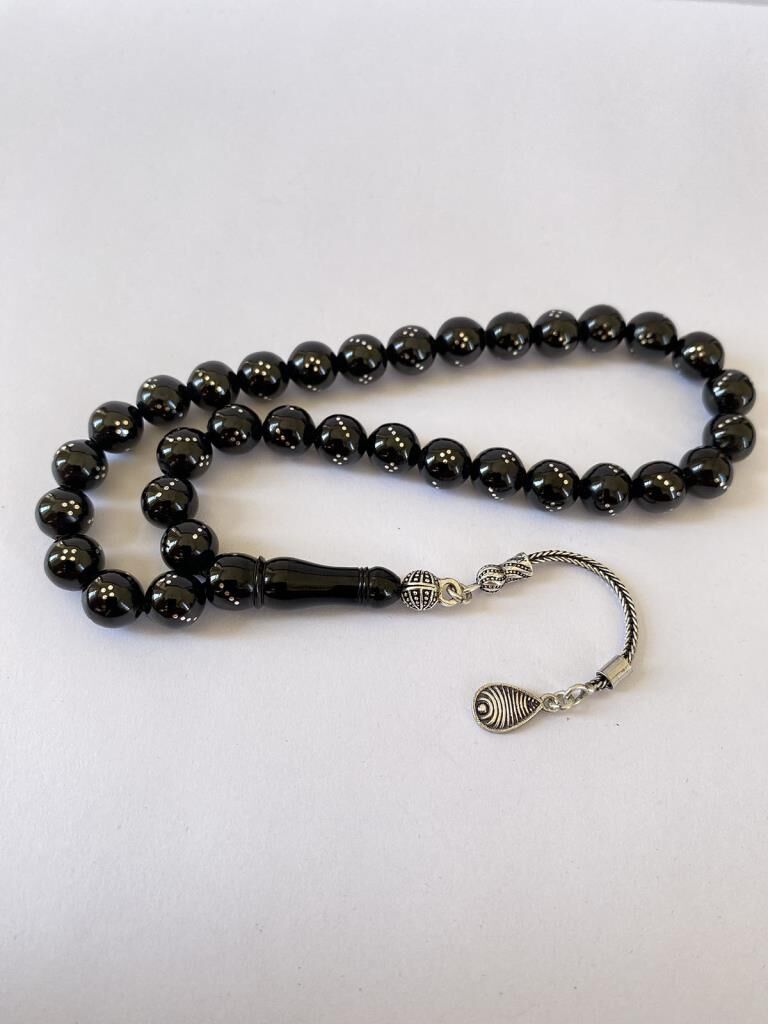 Tesbih TSBH0260BC 925 Ayar Gümüş Püsküllü Gümüş İşlemeli Küre Kesim Erzurum Oltu Taşı Tesbih