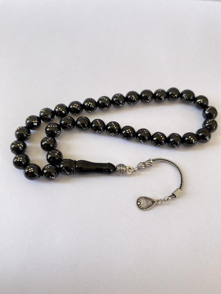 Tesbih TSBH0260BC 925 Ayar Gümüş Püsküllü Gümüş İşlemeli Küre Kesim Erzurum Oltu Taşı Tesbih