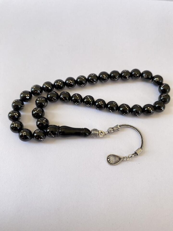 Tesbih TSBH0260BC 925 Ayar Gümüş Püsküllü Gümüş İşlemeli Küre Kesim Erzurum Oltu Taşı Tesbih