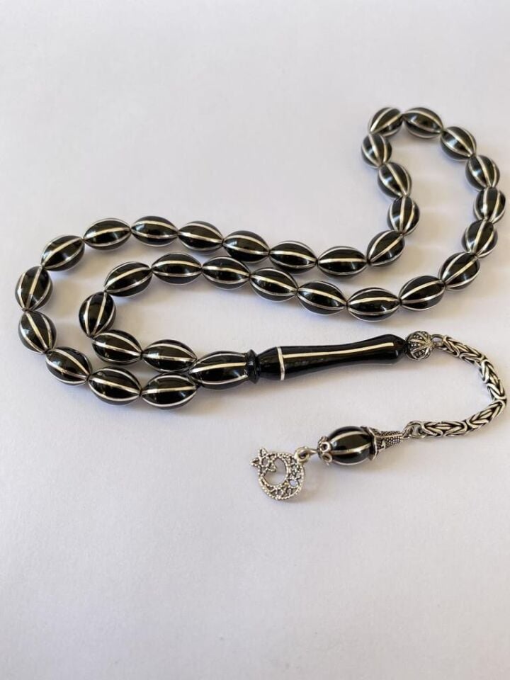 Tesbih TSBH0261BC 925 Ayar Gümüş Püsküllü Gümüş İşlemeli Karpuz Beyzi Kesim Erzurum Oltu Taşı Tesbih